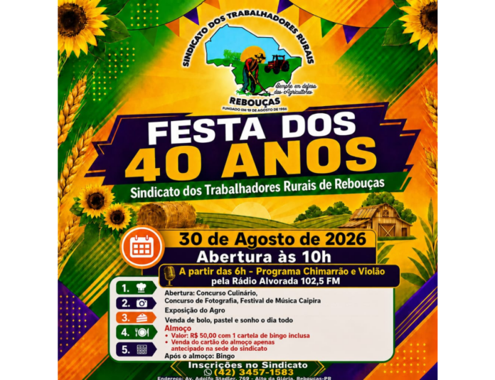 Sindicato Rural de Rebouças celebra 40 anos com festa, concursos e almoço no domingo