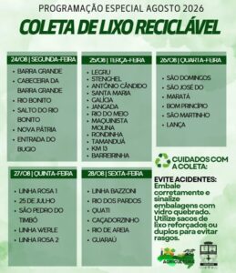 Coleta de recicláveis segue roteiro de 24 a 28 de agosto em Porto União