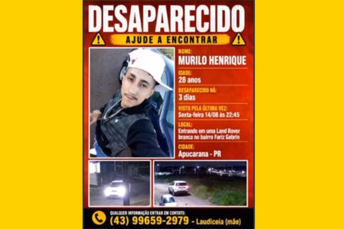 Homem de 28 anos desaparecido há 4 dias em Apucarana