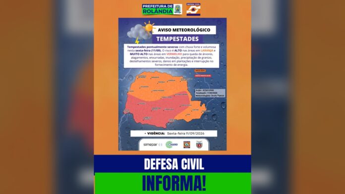 Rolândia em alerta para tempestades nesta sexta-feira