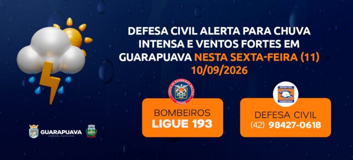 Guarapuava enfrenta alerta vermelho com chuva intensa e ventos acima de 70 km/h nesta sexta