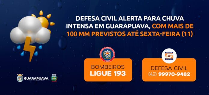 Guarapuava pode ter mais de 100 mm de chuva até sexta, Defesa Civil alerta para temporais