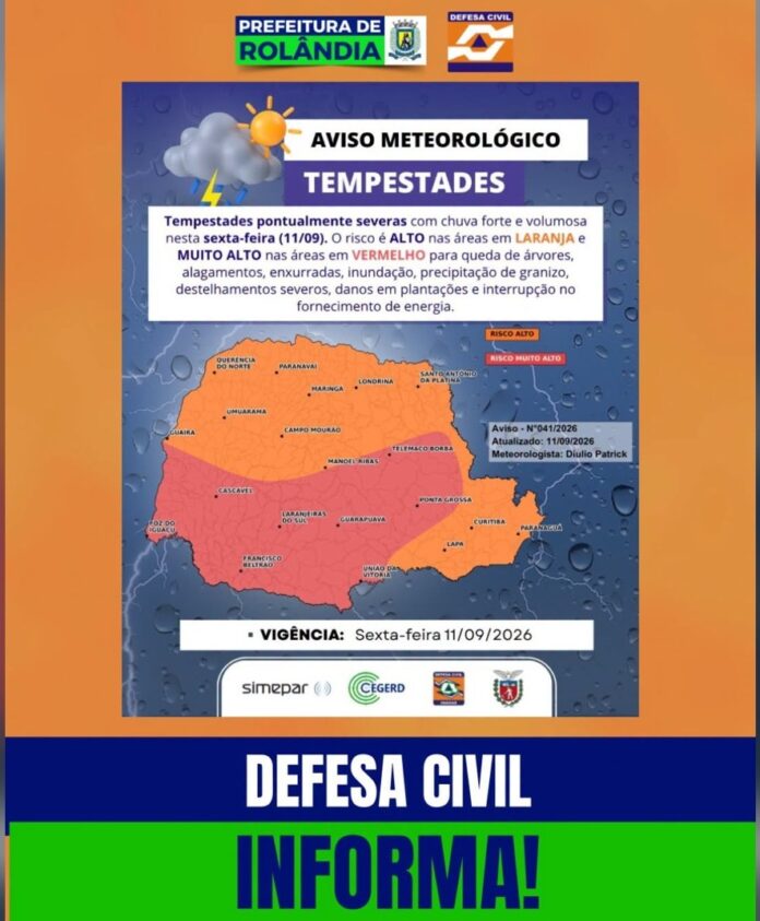 Rolândia em alerta para tempestades nesta sexta-feira