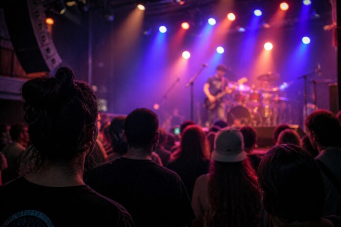 Palco iluminado de casa de shows com plateia de costas em primeiro plano, músico ao fundo com instrumento, sem rostos id