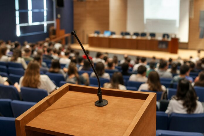 Auditório universitário com cadeiras e púlpito, público desfocado ao fundo, sem rostos identificáveis