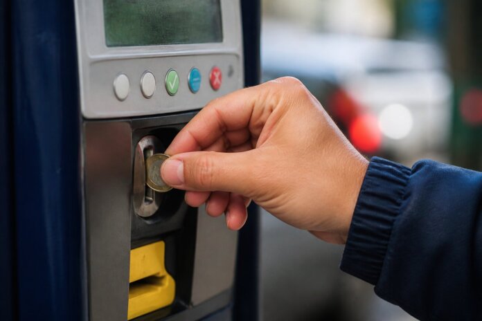 Mão inserindo moeda em máquina de estacionamento rotativo, plano fechado, fundo desfocado