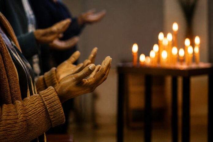 Mãos em gesto de oração e acolhimento, velas acesas ao fundo desfocado, ambiente de interior simples, sem rostos identif