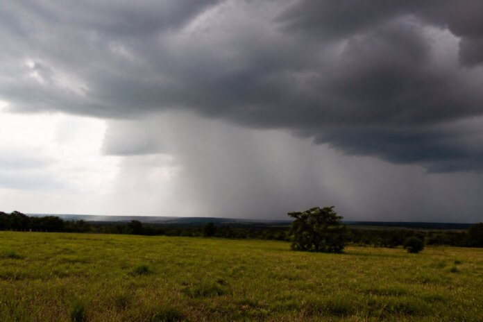 Nuvens de tempestade e cortina de chuva sobre campo aberto