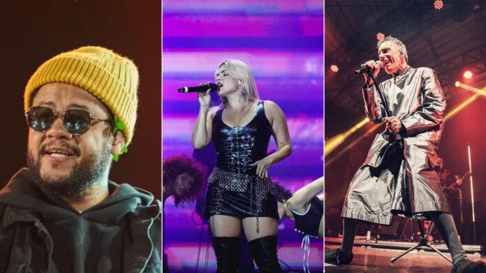 Montagem com Emicida, Duda Beat e Arnaldo Antunes em shows