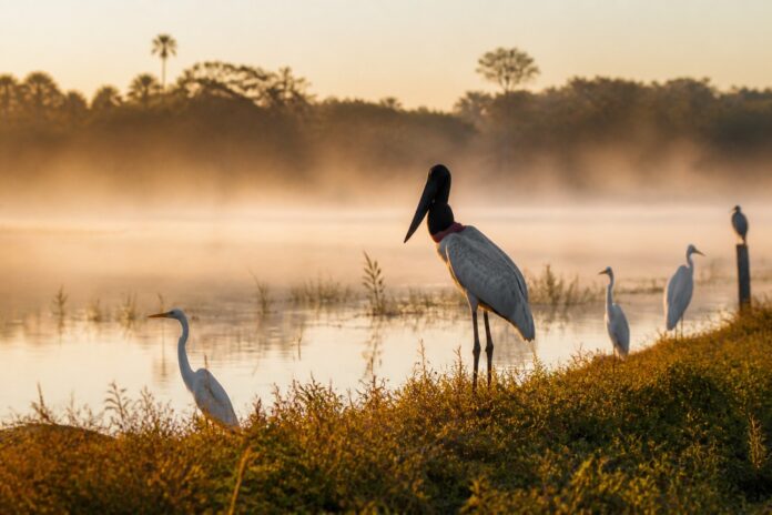 Aves à beira de lagoa ao amanhecer